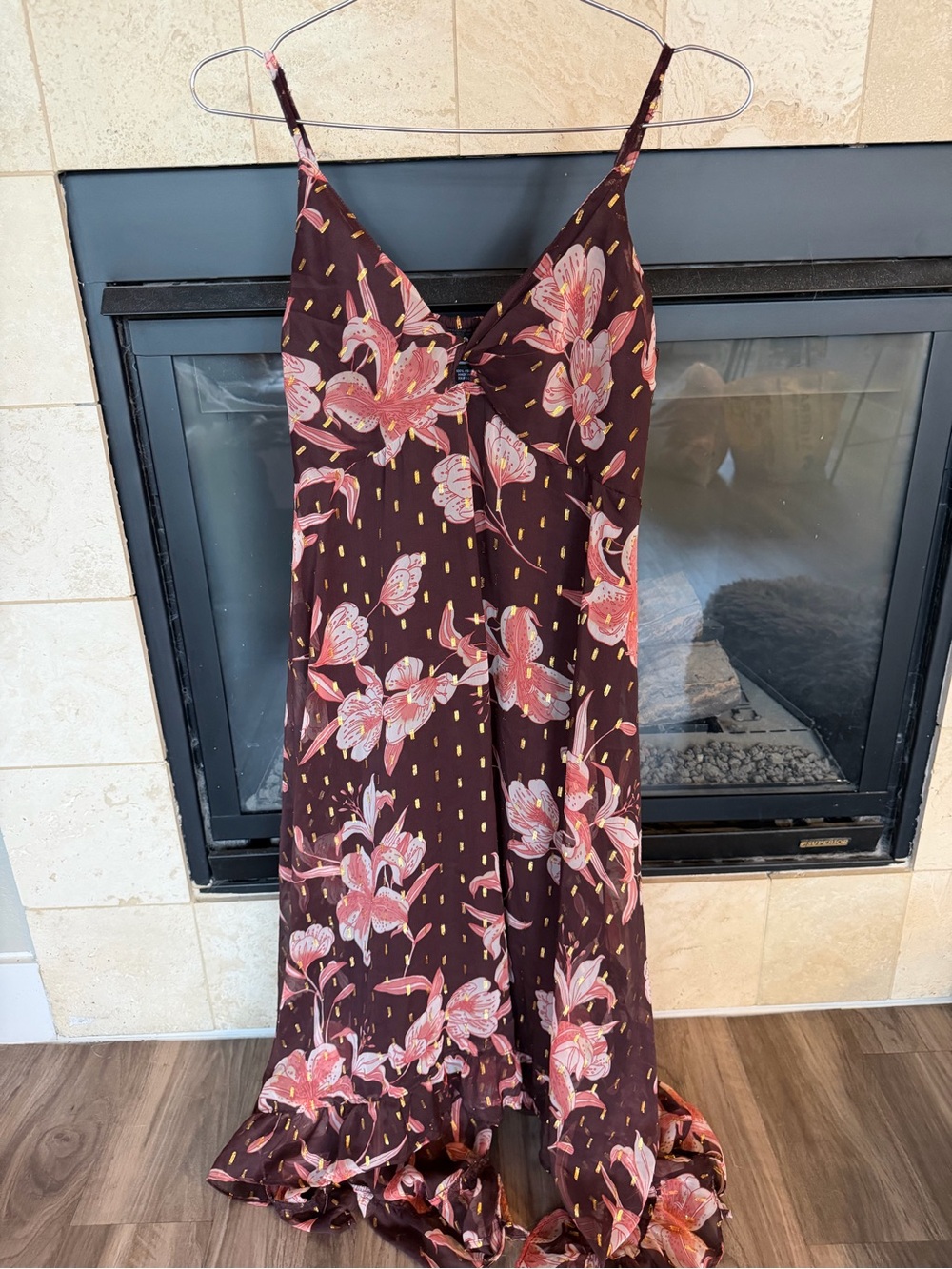 Angie Floral Maxi Dress in Brown with Pink & Gold Accents